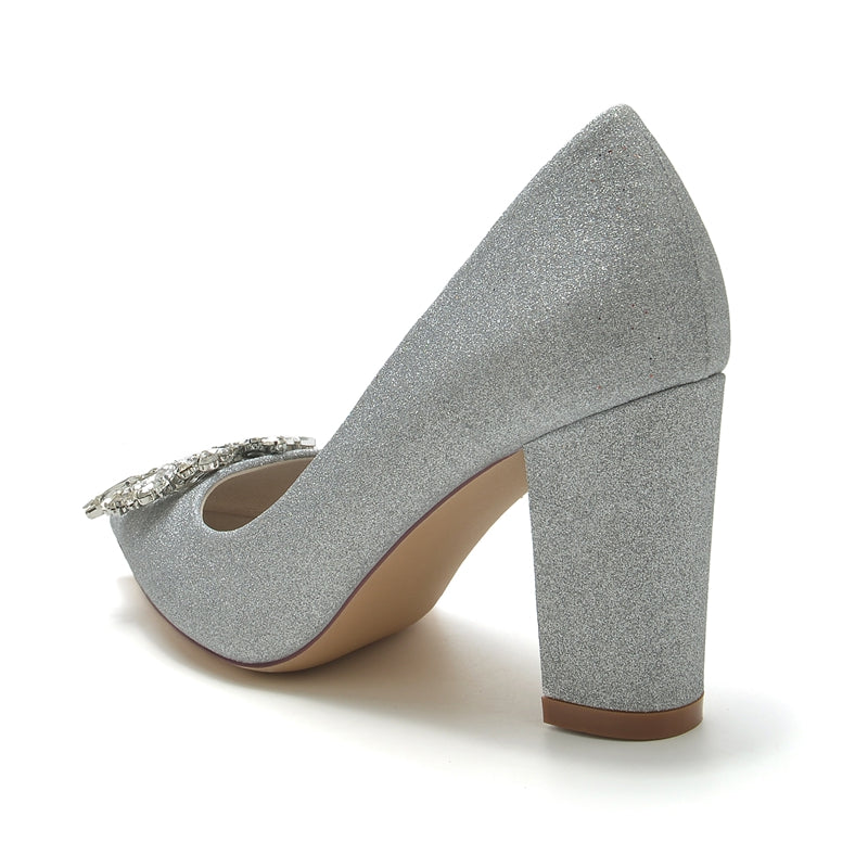Women's Wedding Shoes Pointed Toe High Heel Elegant Bridal Shoes with Square Rhinestone