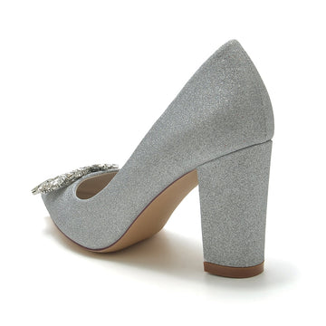 Women's Wedding Shoes Pointed Toe High Heel Elegant Bridal Shoes with Square Rhinestone