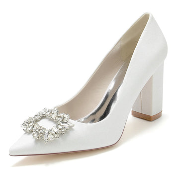 Women's Wedding Shoes Pointed Toe High Heel Elegant Bridal Shoes with Square Rhinestone