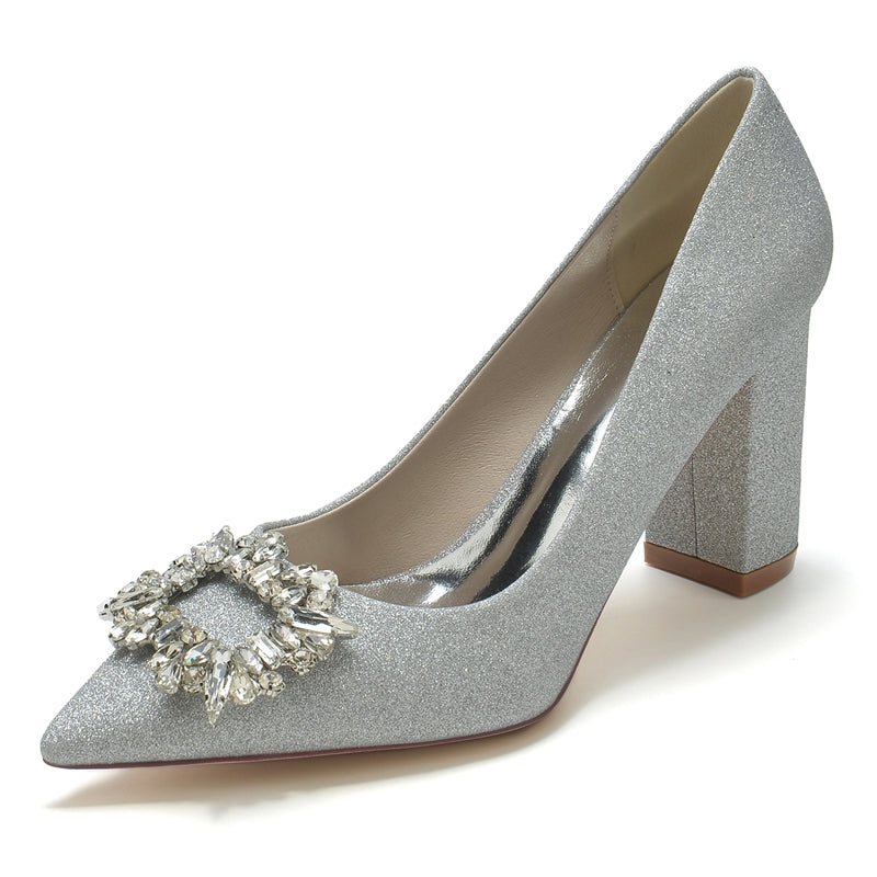 Women's Wedding Shoes Pointed Toe High Heel Elegant Bridal Shoes with Square Rhinestone