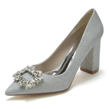 Women's Wedding Shoes Pointed Toe High Heel Elegant Bridal Shoes with Square Rhinestone