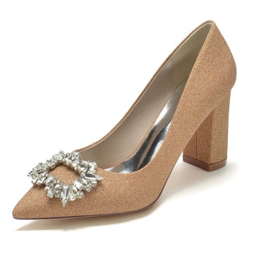 Women's Wedding Shoes Pointed Toe High Heel Elegant Bridal Shoes with Square Rhinestone