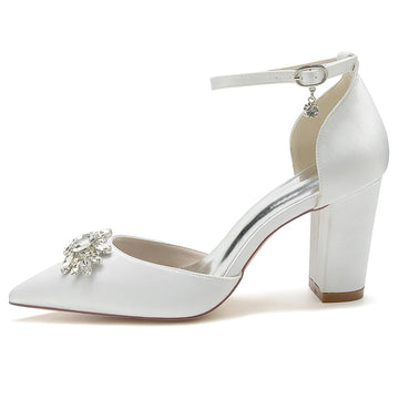 Women's Wedding Shoes Chunky Heel Pointed Toe Sparkling Rhinestone Buckle Bridal Shoes