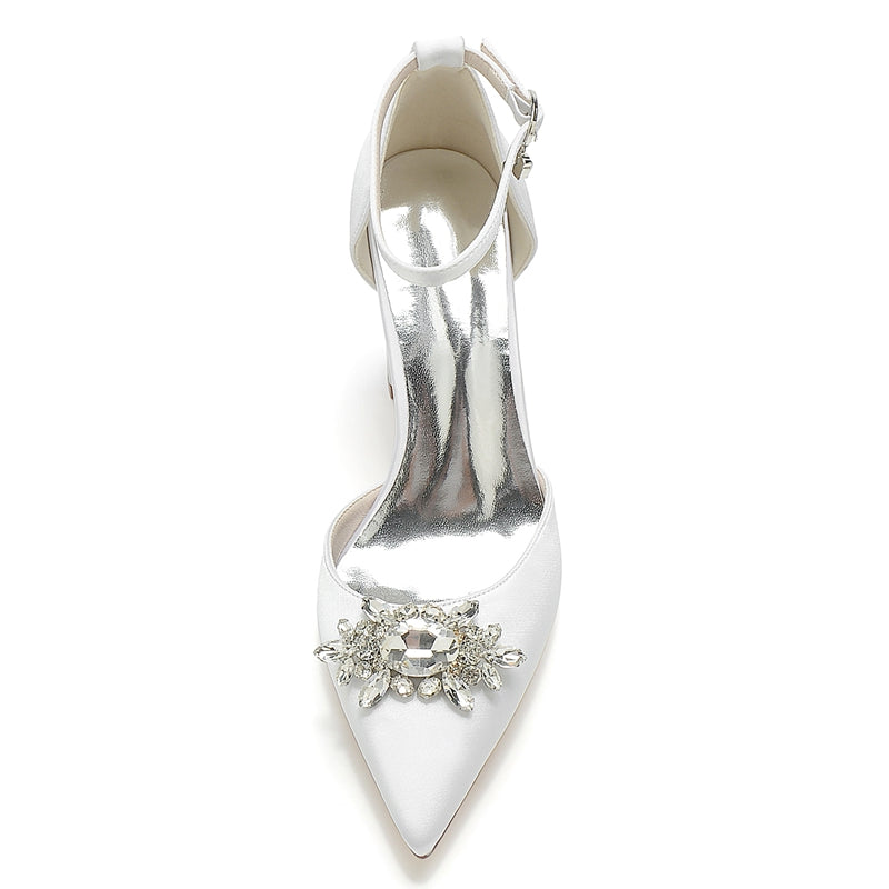 Women's Wedding Shoes Chunky Heel Pointed Toe Sparkling Rhinestone Buckle Bridal Shoes