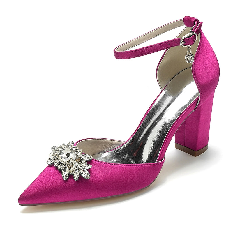 Women's Wedding Shoes Chunky Heel Pointed Toe Sparkling Rhinestone Buckle Bridal Shoes