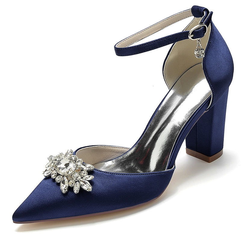 Women's Wedding Shoes Chunky Heel Pointed Toe Sparkling Rhinestone Buckle Bridal Shoes