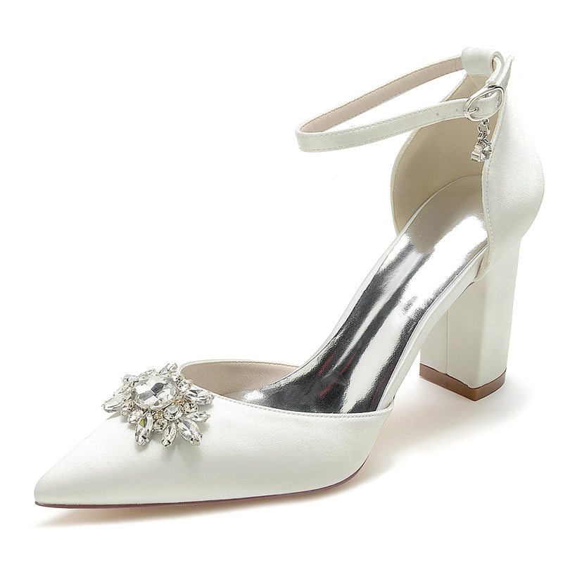 Women's Wedding Shoes Chunky Heel Pointed Toe Sparkling Rhinestone Buckle Bridal Shoes