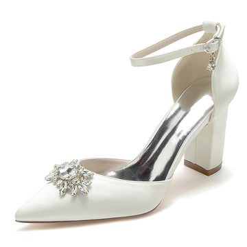 Women's Wedding Shoes Chunky Heel Pointed Toe Sparkling Rhinestone Buckle Bridal Shoes