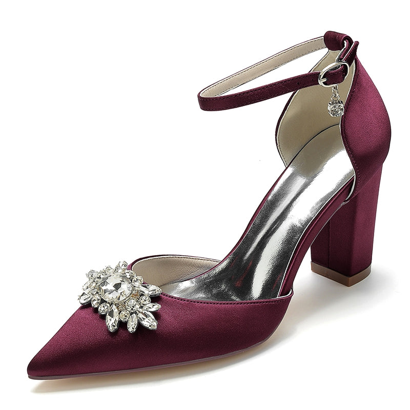 Women's Wedding Shoes Chunky Heel Pointed Toe Sparkling Rhinestone Buckle Bridal Shoes