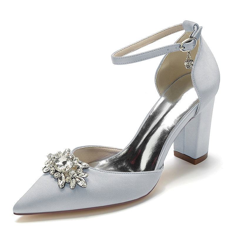 Women's Wedding Shoes Chunky Heel Pointed Toe Sparkling Rhinestone Buckle Bridal Shoes