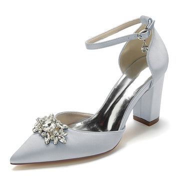 Women's Wedding Shoes Chunky Heel Pointed Toe Sparkling Rhinestone Buckle Bridal Shoes