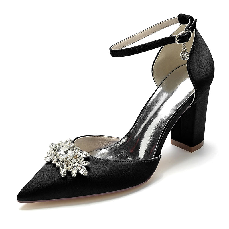 Women's Wedding Shoes Chunky Heel Pointed Toe Sparkling Rhinestone Buckle Bridal Shoes