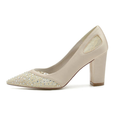 Women's Wedding Shoes Lace Pointed Toe Block Heel Bridal Shoes with Crystals