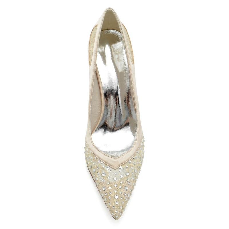 Women's Wedding Shoes Lace Pointed Toe Block Heel Bridal Shoes with Crystals