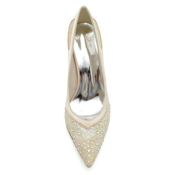 Women's Wedding Shoes Lace Pointed Toe Block Heel Bridal Shoes with Crystals