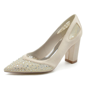 Women's Wedding Shoes Lace Pointed Toe Block Heel Bridal Shoes with Crystals