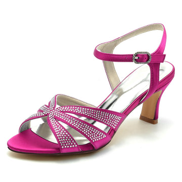 Women's Wedding Shoes Opened Toe Mid Heel Rhinestone Straps Buckle Bridal Shoes