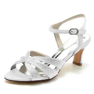 Women's Wedding Shoes Opened Toe Mid Heel Rhinestone Straps Buckle Bridal Shoes