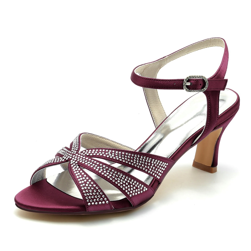 Women's Wedding Shoes Opened Toe Mid Heel Rhinestone Straps Buckle Bridal Shoes