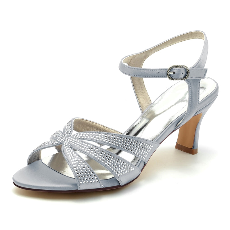 Women's Wedding Shoes Opened Toe Mid Heel Rhinestone Straps Buckle Bridal Shoes