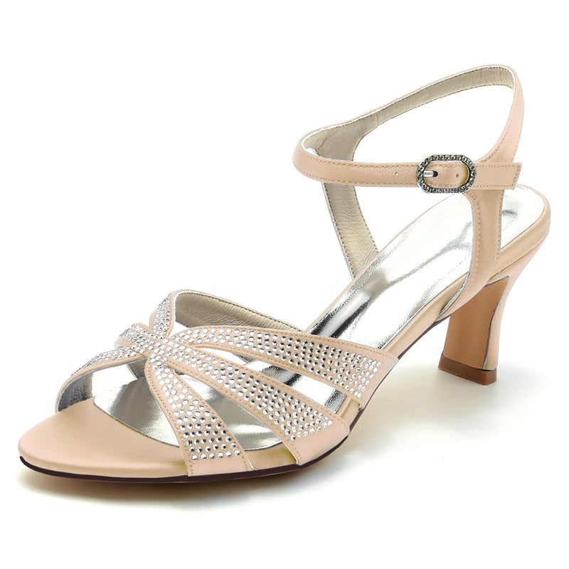 Women's Wedding Shoes Opened Toe Mid Heel Rhinestone Straps Buckle Bridal Shoes