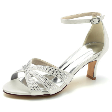 Women's Wedding Shoes Opened Toe Enclosed Heel Buckle Bridal Shoes with Rhinestone Straps