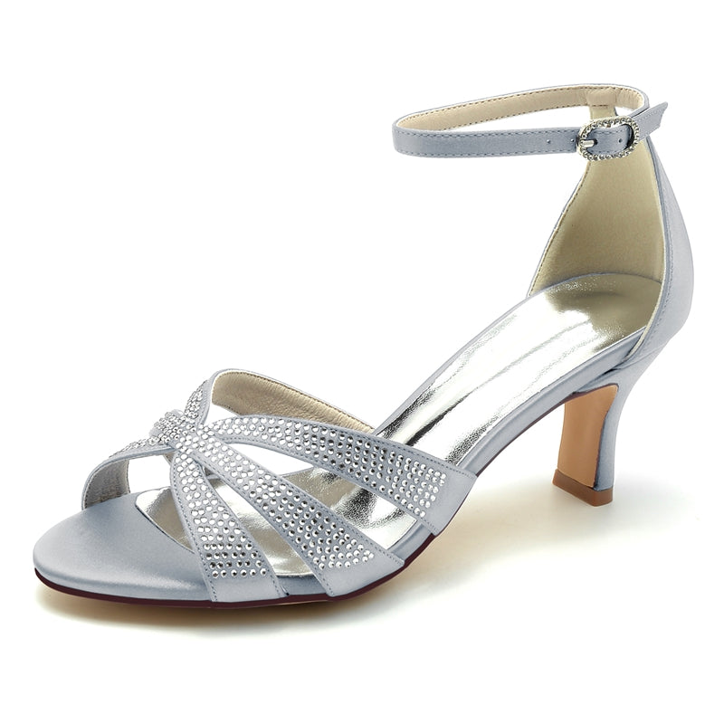 Women's Wedding Shoes Opened Toe Enclosed Heel Buckle Bridal Shoes with Rhinestone Straps