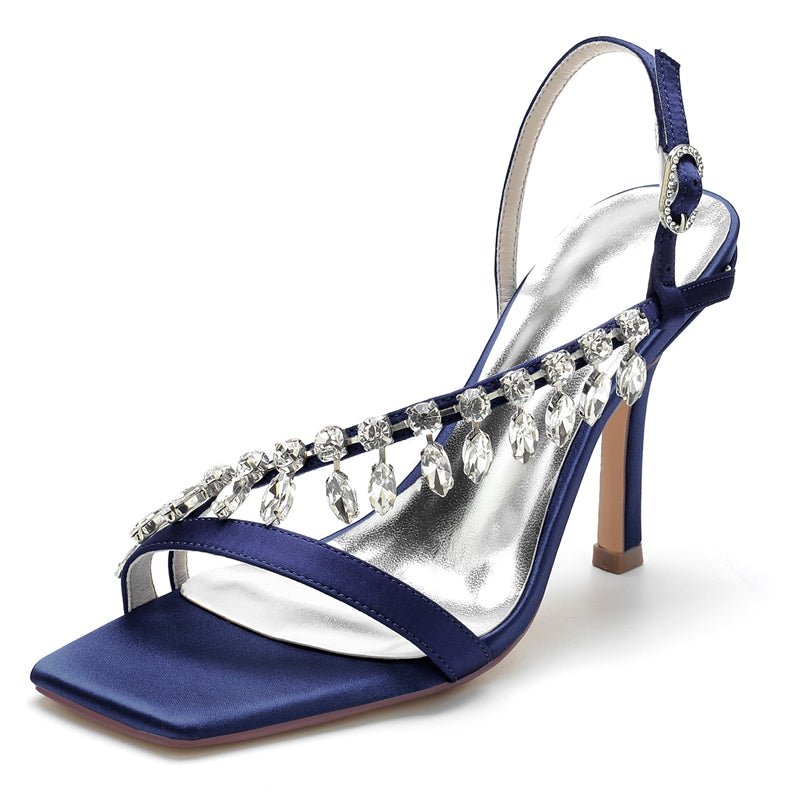 Women's Wedding Shoes Square Toe Stiletto Heel Rhinestone Straps Buckle Bridal Shoes