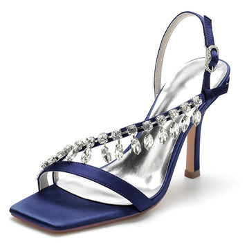 Women's Wedding Shoes Square Toe Stiletto Heel Rhinestone Straps Buckle Bridal Shoes
