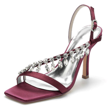 Women's Wedding Shoes Square Toe Stiletto Heel Rhinestone Straps Buckle Bridal Shoes