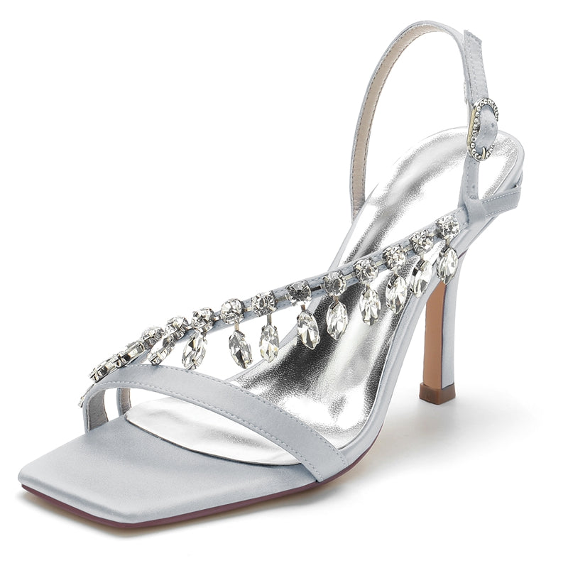 Women's Wedding Shoes Square Toe Stiletto Heel Rhinestone Straps Buckle Bridal Shoes