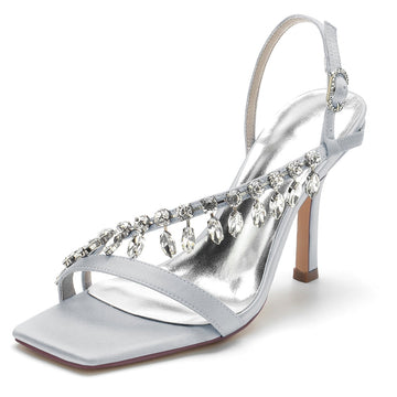 Women's Wedding Shoes Square Toe Stiletto Heel Rhinestone Straps Buckle Bridal Shoes