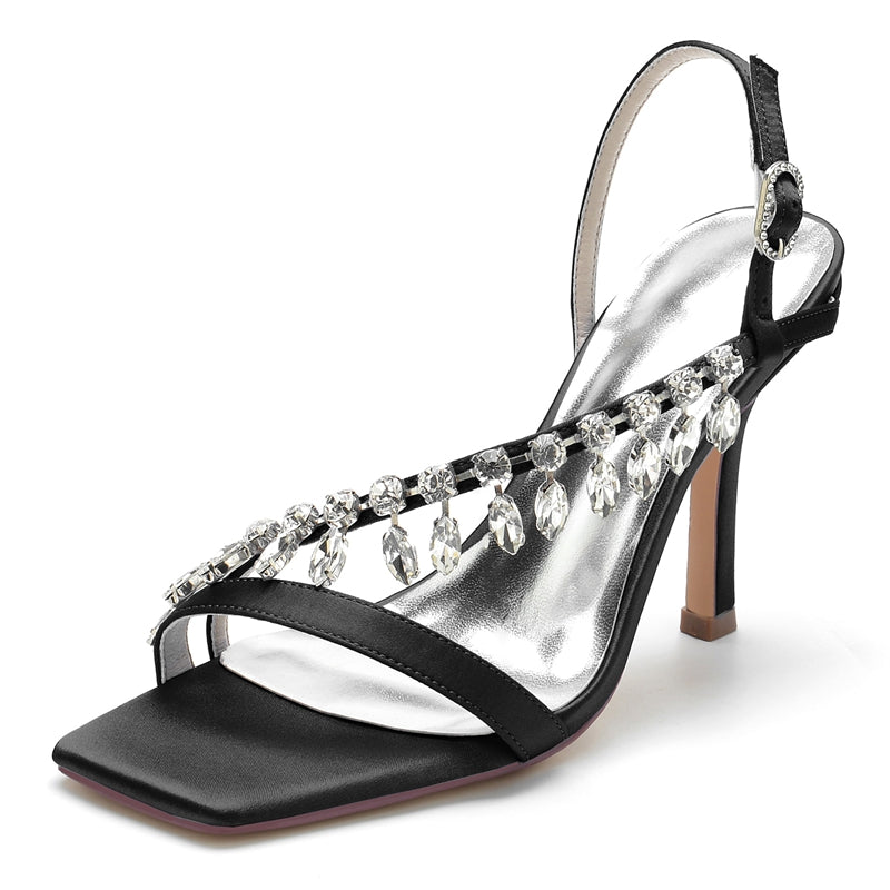 Women's Wedding Shoes Square Toe Stiletto Heel Rhinestone Straps Buckle Bridal Shoes