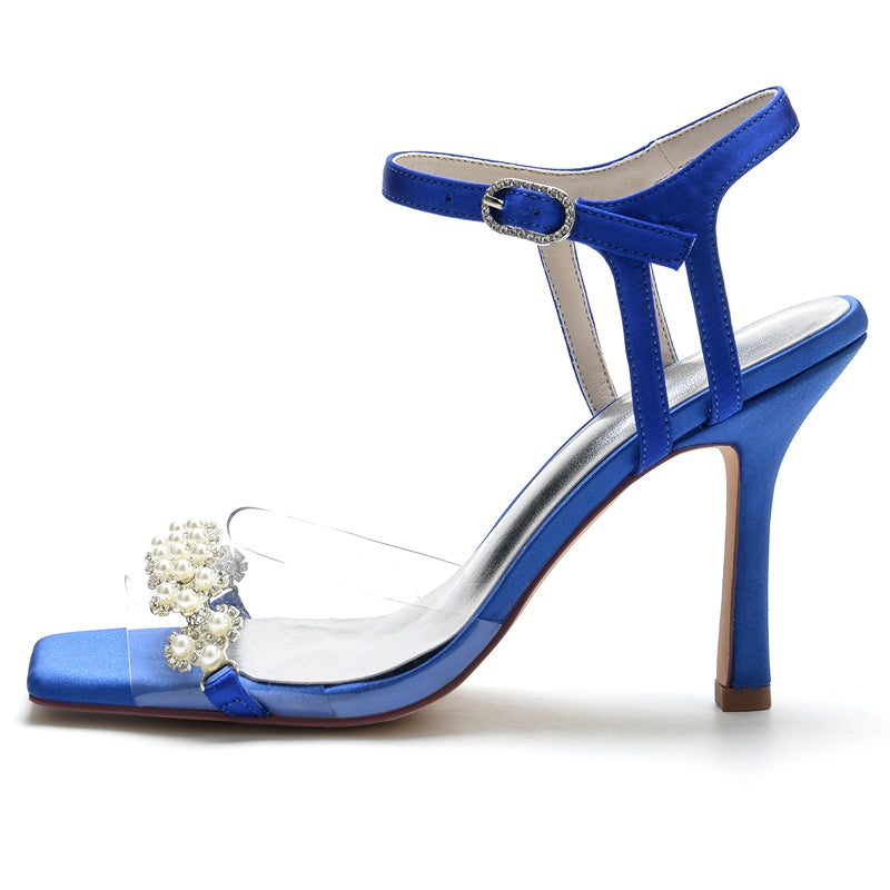 Women's Wedding Shoes High Heel Opened Toe Transparent Straps Bridal Shoes with Delicate Pearl