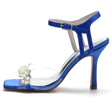 Women's Wedding Shoes High Heel Opened Toe Transparent Straps Bridal Shoes with Delicate Pearl