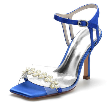 Women's Wedding Shoes High Heel Opened Toe Transparent Straps Bridal Shoes with Delicate Pearl