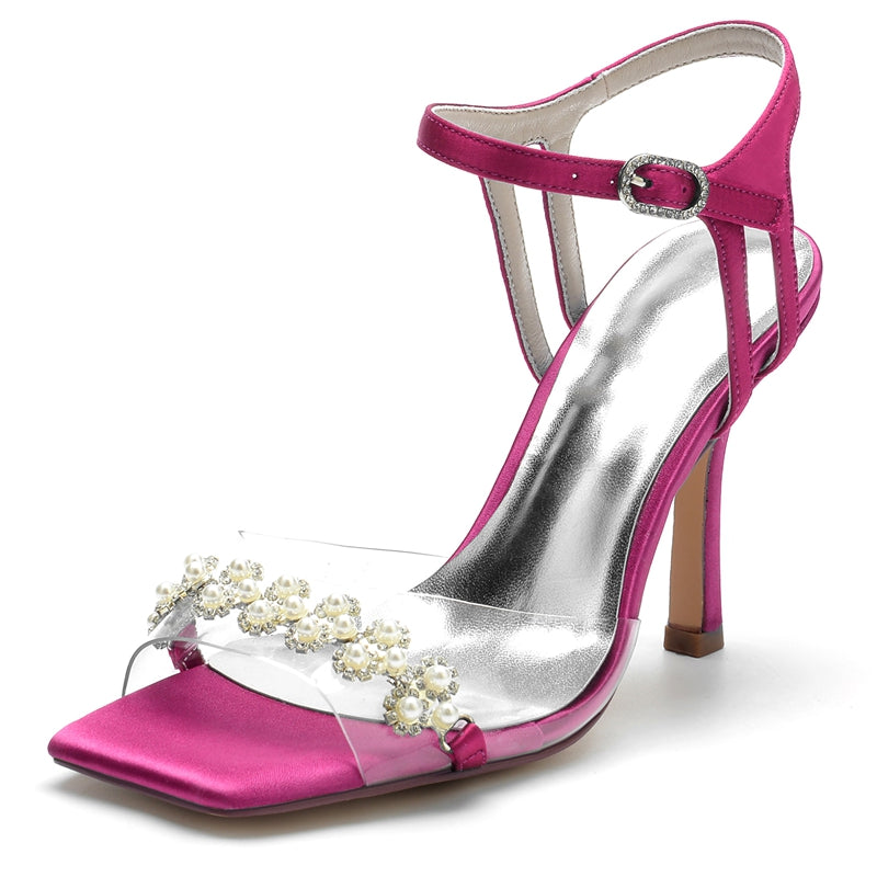 Women's Wedding Shoes High Heel Opened Toe Transparent Straps Bridal Shoes with Delicate Pearl