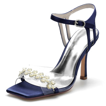 Women's Wedding Shoes High Heel Opened Toe Transparent Straps Bridal Shoes with Delicate Pearl