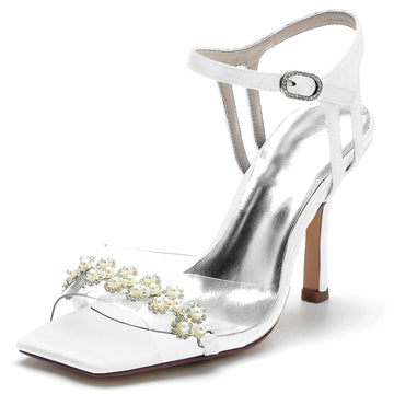 Women's Wedding Shoes High Heel Opened Toe Transparent Straps Bridal Shoes with Delicate Pearl