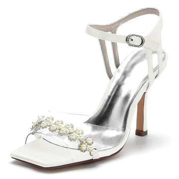 Women's Wedding Shoes High Heel Opened Toe Transparent Straps Bridal Shoes with Delicate Pearl