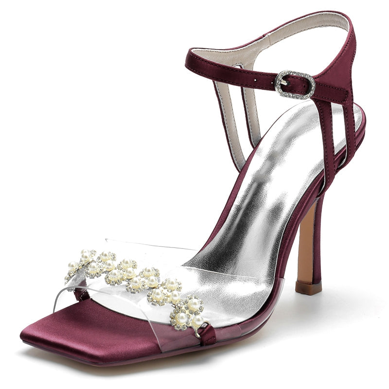 Women's Wedding Shoes High Heel Opened Toe Transparent Straps Bridal Shoes with Delicate Pearl