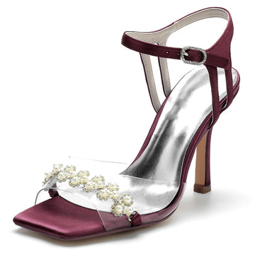 Women's Wedding Shoes High Heel Opened Toe Transparent Straps Bridal Shoes with Delicate Pearl
