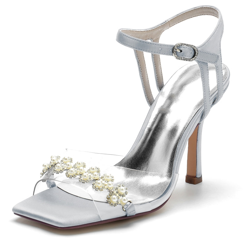 Women's Wedding Shoes High Heel Opened Toe Transparent Straps Bridal Shoes with Delicate Pearl