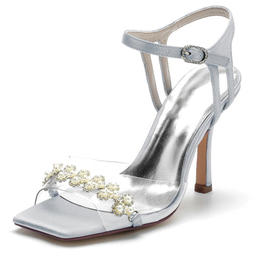 Women's Wedding Shoes High Heel Opened Toe Transparent Straps Bridal Shoes with Delicate Pearl