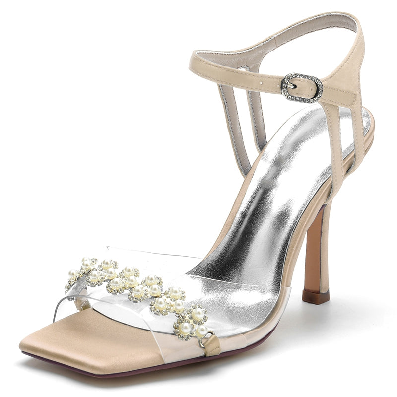 Women's Wedding Shoes High Heel Opened Toe Transparent Straps Bridal Shoes with Delicate Pearl