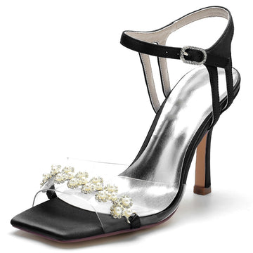 Women's Wedding Shoes High Heel Opened Toe Transparent Straps Bridal Shoes with Delicate Pearl