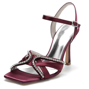 Women's Wedding Shoes Stiletto Heel Square Toe Vintage Buckle Bridal Shoes with Rhinestones