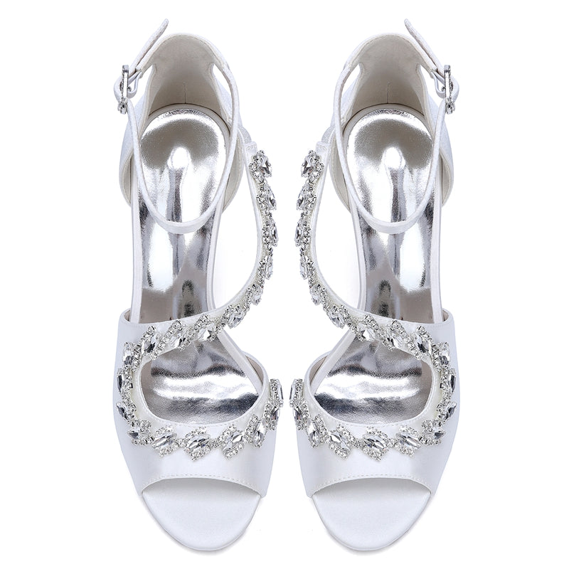 Women's Wedding Shoes Peep Toe High Heel Ankle Strap Buckle Bridal Shoes with Crystals