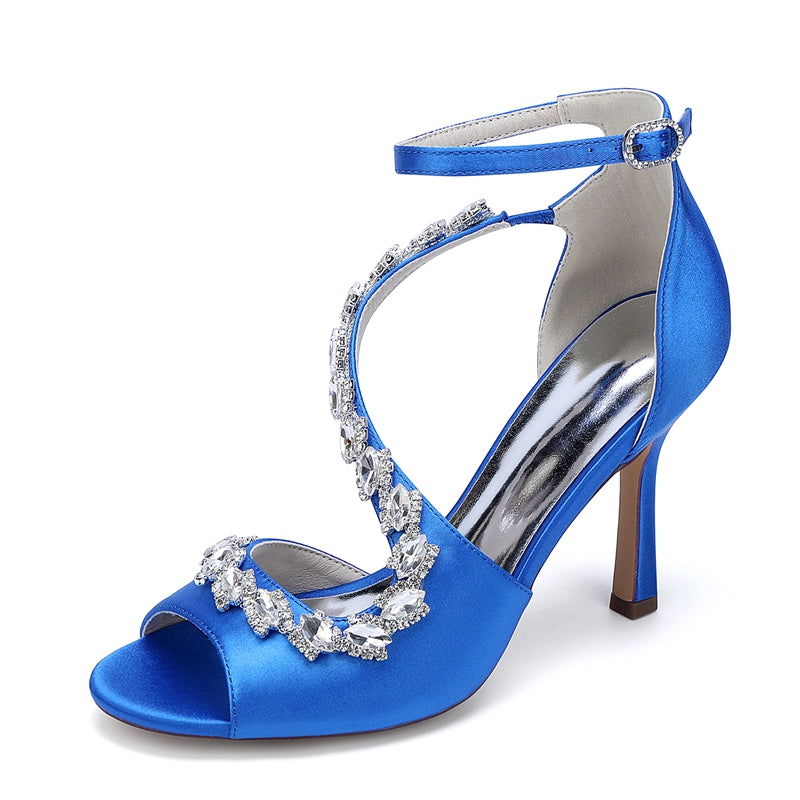 Women's Wedding Shoes Peep Toe High Heel Ankle Strap Buckle Bridal Shoes with Crystals