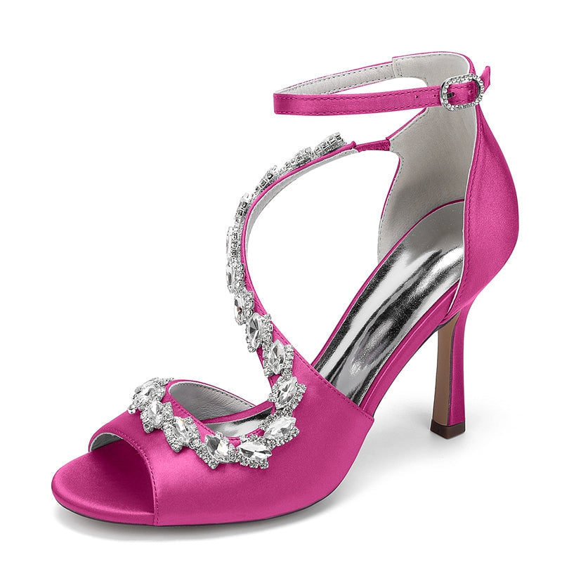 Women's Wedding Shoes Peep Toe High Heel Ankle Strap Buckle Bridal Shoes with Crystals